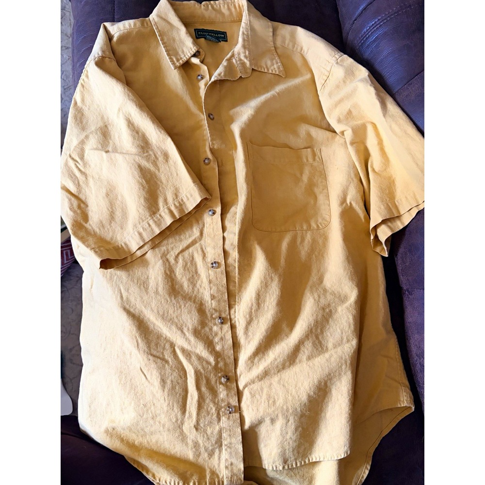 Clubfellow Men's Beige Linen Cotton Short Sleeve Button-Up Shirt Pockets LT